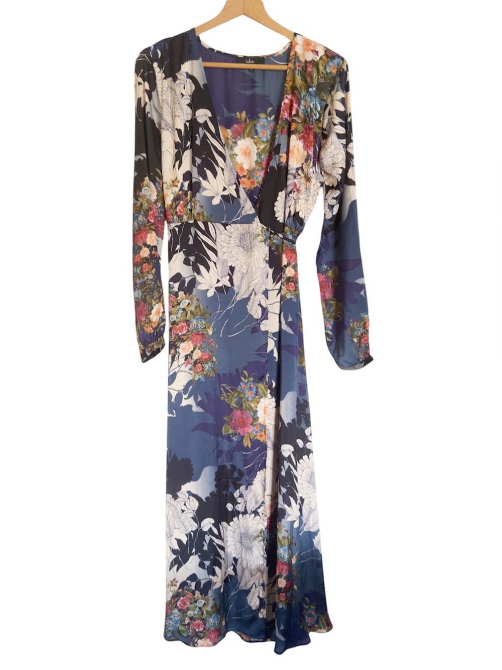 Lulus Put On A Smile Blue Multi Floral Satin Wrap Flowy Maxi Dress size M - Picture 2 of 9
